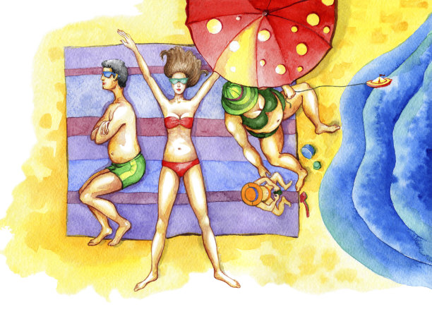 在一个阳光明媚的夏日，一家人在海边休息图片下载
