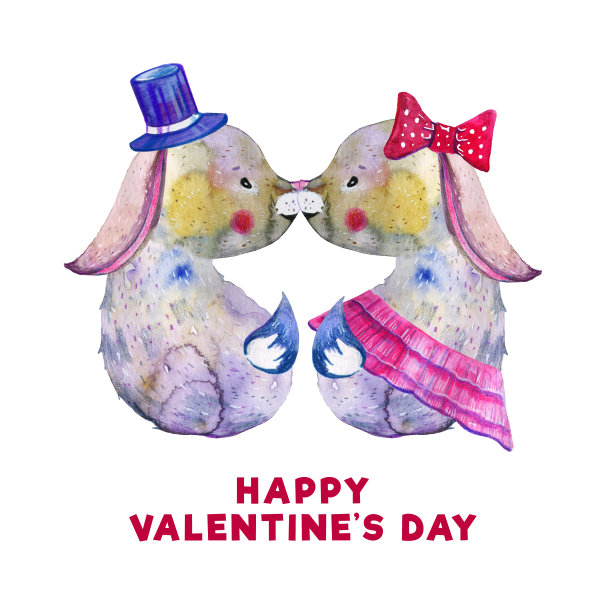 一对正在接吻的卡通兔子。手绘水彩插图图片下载