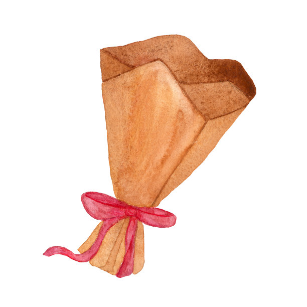 水彩手画花束与粉红色蝴蝶结包装纸。花筒纸图片下载