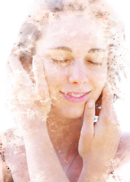 Paintography。双曝光肖像美丽和平的女人结合手绘水墨画飞溅效果图片下载