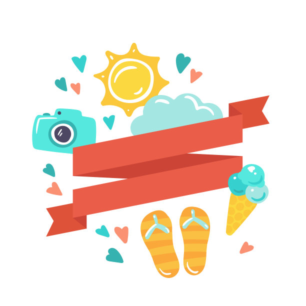 向量平坦的夏季横幅与丝带。海报与扁平图标的暑假广告。可爱的卡通插图。太阳，沙滩运动鞋，云，相机，冰淇淋和心图片下载