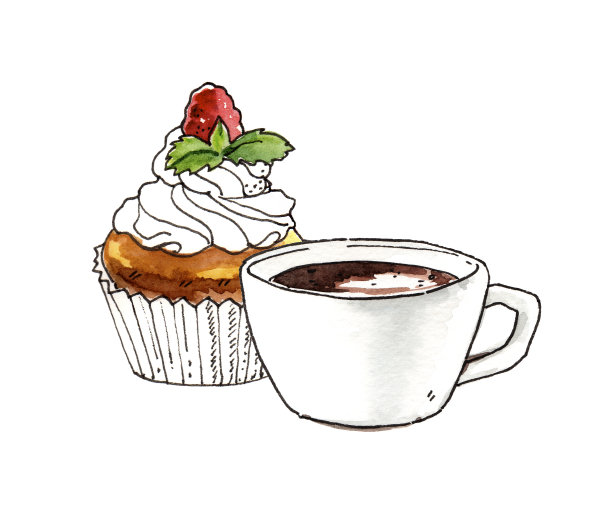 水彩手绘甜甜点蛋糕和咖啡杯插图孤立在白色的背景图片下载