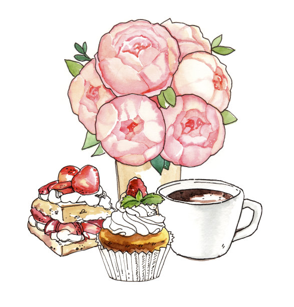 水彩手绘情人节甜点和鲜花插图在白色的背景图片下载
