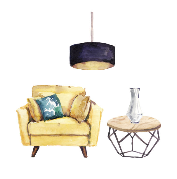 水彩手绘室内家具扶手椅和木制桌子插图设置在白色的背景素材图片