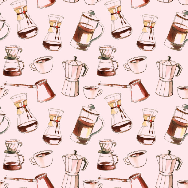 水彩手绘咖啡插画无缝图案-墙纸，包装纸图片下载