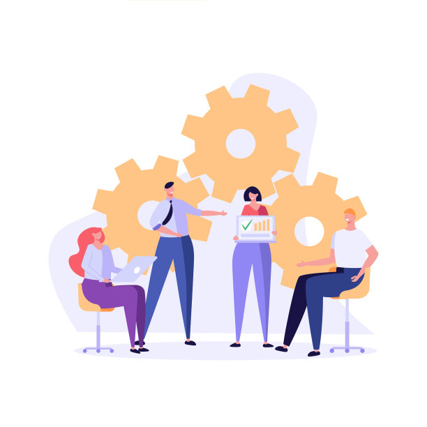 在办公室里坐着或站着的男人和女人。团队成员在工作场所共同致力于解决方案。团队合作、合作理念、创意理念。矢量插图平面设计图片下载