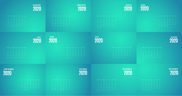 墙壁每月2020日历矢量彩色模板图片下载