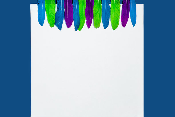 彩色图案的羽毛，白色的纸在经典的蓝色背景。图片下载