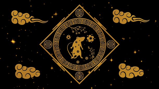 农历新年，春节背景有金鼠、烟花、星星。中国新年的黑色星空背景假日活动。三维渲染图片下载