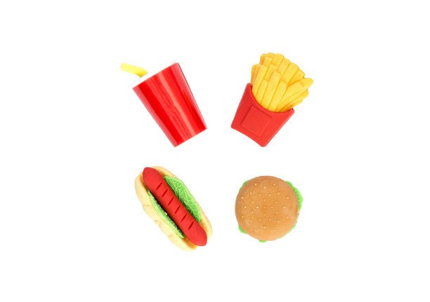 背景的各种玩具快餐在微型孤立在一个白色的背景。图片下载