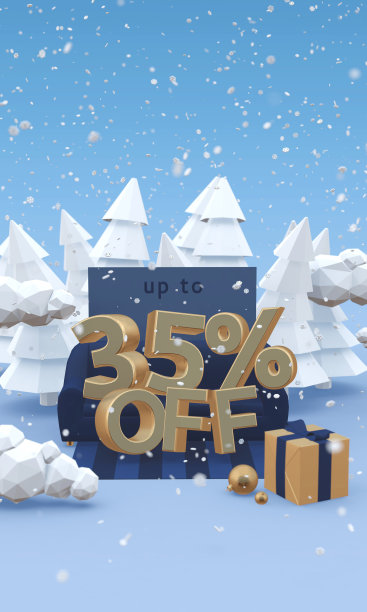 35%的3d插图与复制空间在卡通风格。圣诞折扣，冬季促销理念。图片下载