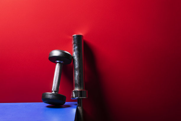 健身房背景的杠铃和哑铃在蓝色和红色设置图片下载