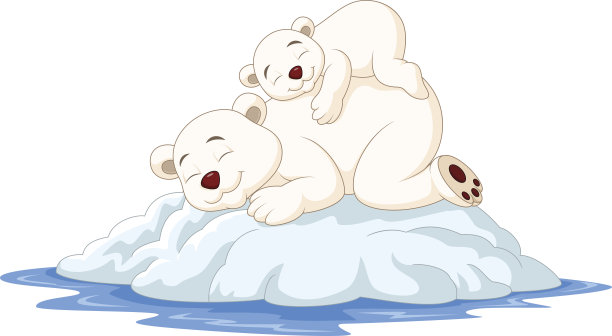 卡通北极熊妈妈和北极熊宝宝在浮冰上睡觉图片下载