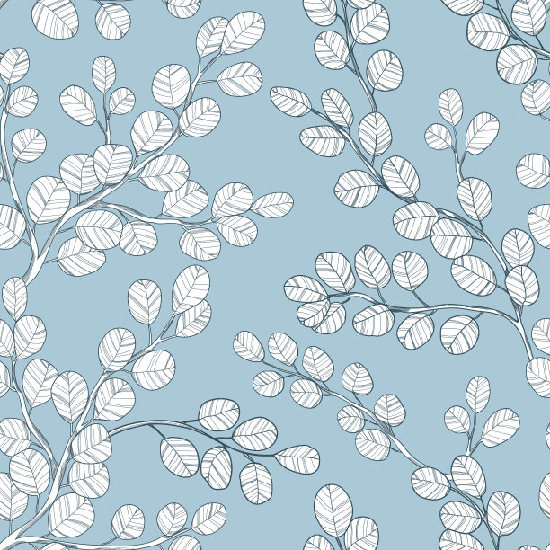 桉树枝手绘矢量无缝模式在线条艺术风格上的蓝色背景。背景有桉树的枝和叶。最适合包装纸、墙纸、纺织品或婚礼设计。图片下载