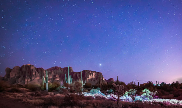 在美国西南部沙漠的黑暗中，夜空变得生机勃勃。天空中满是星星，银河系成为这些夜景照片的焦点图片下载