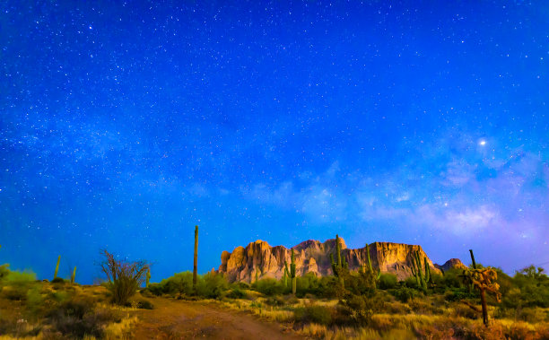 在美国西南部沙漠的黑暗中，夜空变得生机勃勃。天空中满是星星，银河系成为这些夜景照片的焦点图片下载