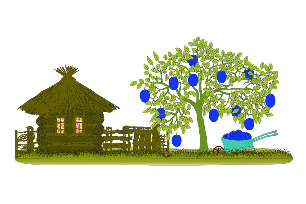 李子丰收。李子树与手推车。矢量插图。Eps10图片下载