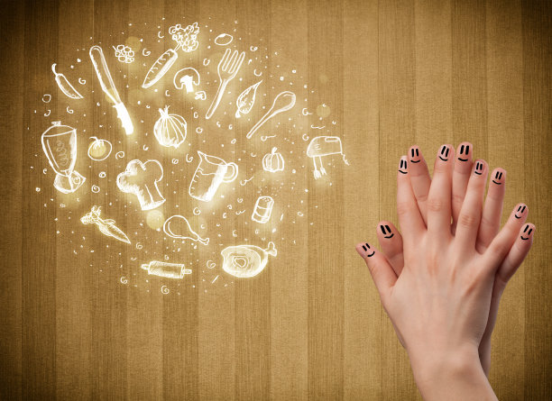 带有食物和厨房手绘图标的快乐手指笑脸图片下载
