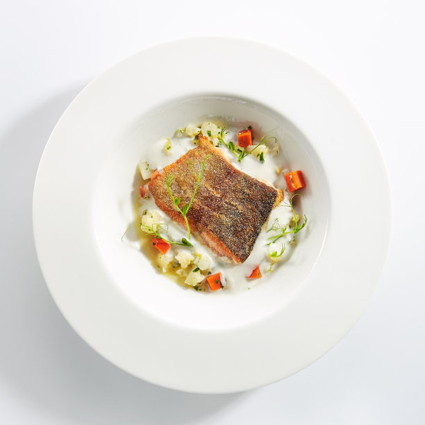 鳟鱼柳奶油酱与蔬菜炖孤立图片下载