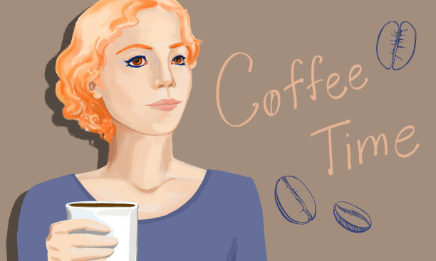 一幅白种女人喝咖啡的画像图片下载