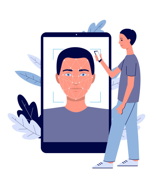 智能手机上的人脸识别技术——巨型手机旁边的卡通男人图片下载