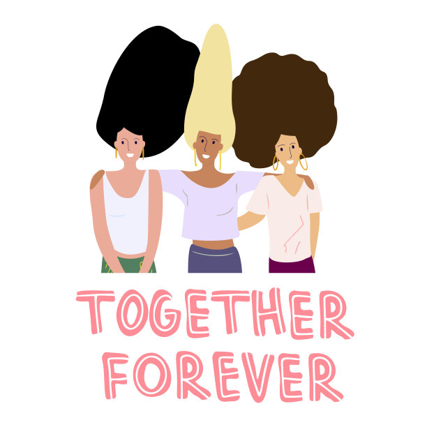三个年轻的微笑友好的女孩。永远在一起刻字。女性友谊，快乐女孩，女性肖像。概念为妇女节，广告为女性。时尚的矢量插图在平面卡通风格。图片下载