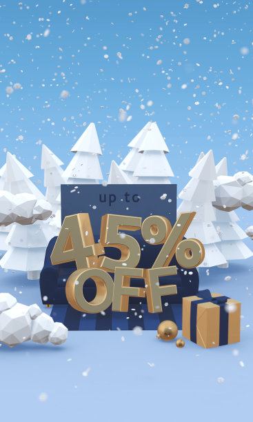 45 45%的3d插图与复制空间在卡通风格。圣诞折扣，冬季促销理念。图片下载