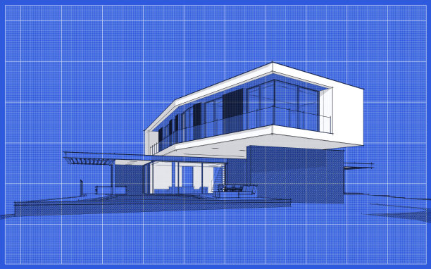 3d渲染的现代房子在山上与水池黑色线在蓝图的背景图片下载