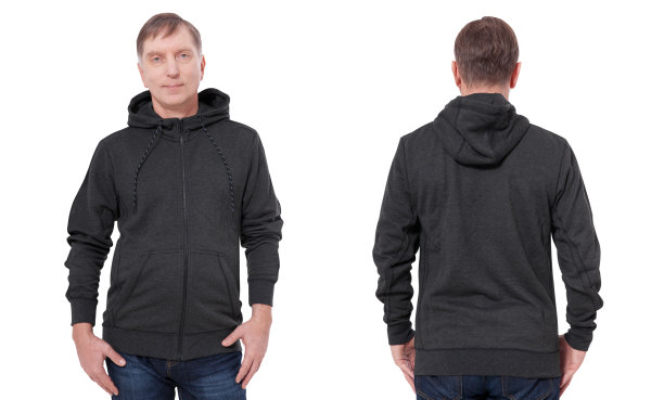 穿着黑色运动衫，前后都是黑色帽衫的男人。白色背景图片下载