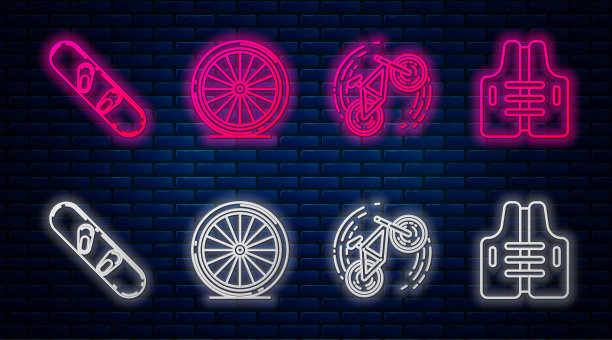 自行车轮毂，自行车特技，滑雪板和救生衣。砖墙上发光的霓虹灯图标。向量图片下载