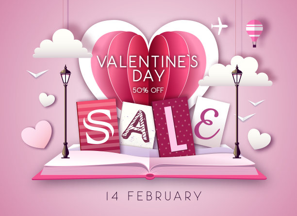 用情人的心打开童话书。情人节销售背景。剪纸艺术风格设计图片下载