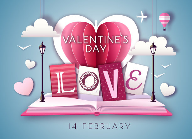 用情人的心打开童话书。情人节快乐的背景。剪纸艺术风格设计图片下载