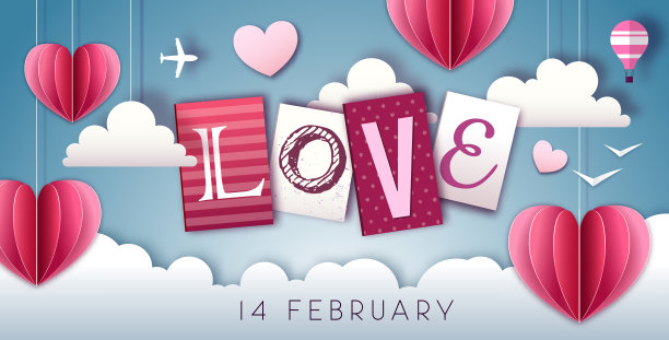 快乐的情人节背景，爱的心在天空。剪纸艺术风格设计图片下载