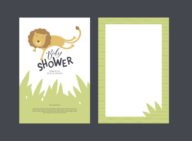 矢量宝宝淋浴邀请卡模板。斯堪的纳维亚设计。有趣的颜色，狮子跳孤立在白色的文字和绿色的草的背景。概念幼稚风格插图印刷。图片下载
