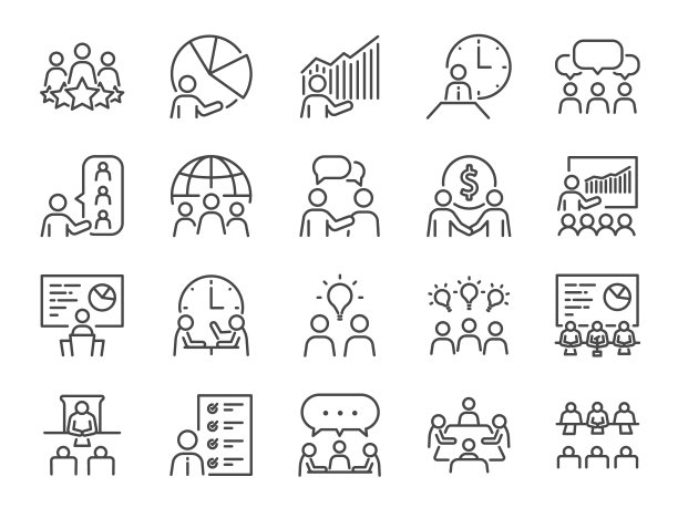 会议线图标设置。包括图标会议室，团队，团队合作，演示，想法，头脑风暴和更多。图片下载