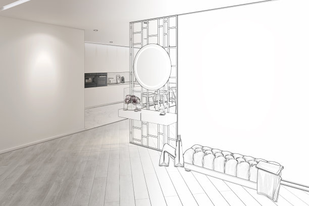 现代入口大厅的草图与厨房的视图成为一个真正的室内图片下载