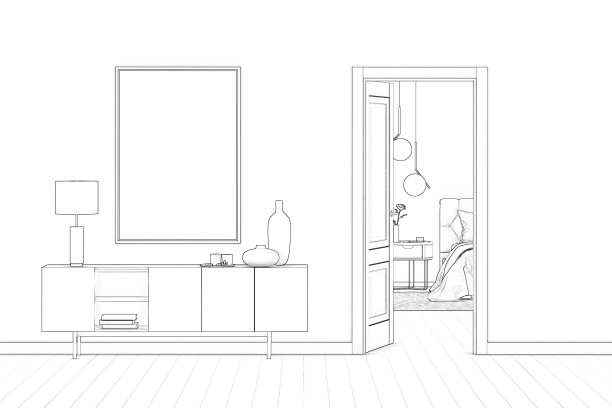 现代室内素描一幅画和一个开着门的橱柜。图片下载