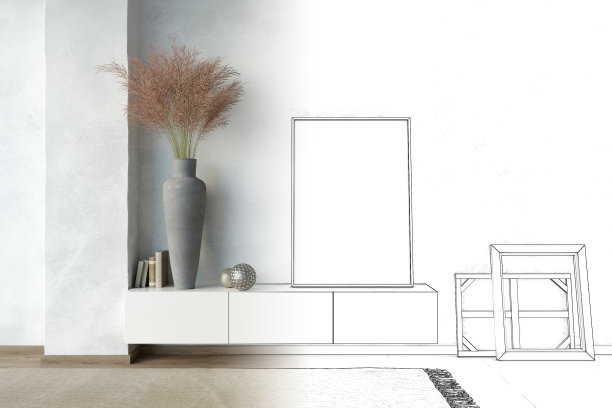 现代室内草图与海报模型，一个基座，一个花瓶与田野小穗，相框成为一个真正的室内。图片下载