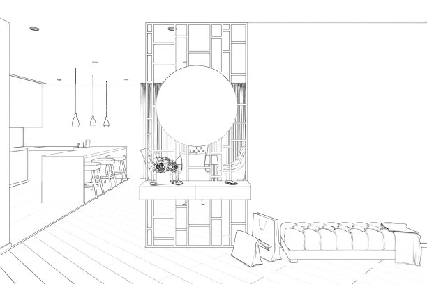 现代入口大厅的草图，可以看到厨房和餐厅。前视图。图片下载