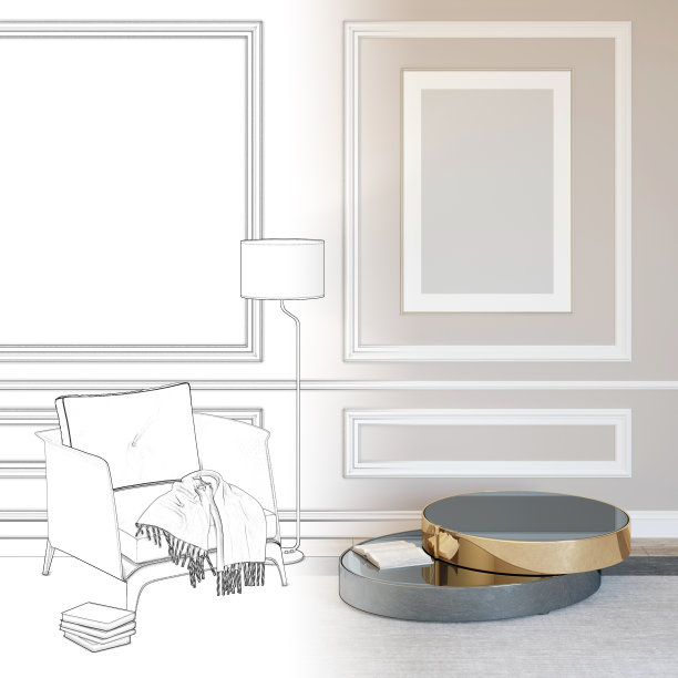 现代室内草图与模拟海报，扶手椅，灯和咖啡桌成为一个真正的室内。图片下载