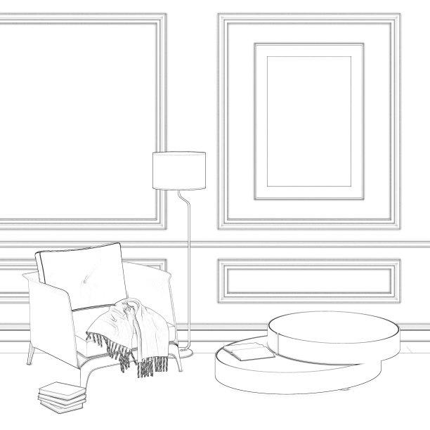现代室内草图，模拟海报，扶手椅，台灯和咖啡桌。图片下载