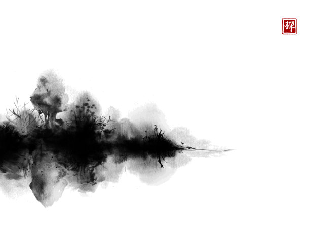 有森林树木的黑雾岛。传统的东方水墨画粟娥、月仙、围棋。象形文字,清晰。素材图片