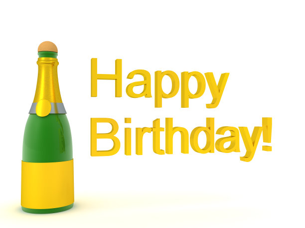 3D渲染的香槟瓶和生日快乐的文本图片下载