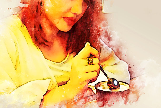 抽象多彩的美丽亚洲女人的微笑肖像和放松在咖啡馆的水彩插画画的背景。图片下载