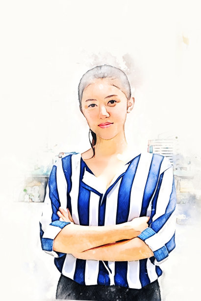 抽象多彩的美丽亚洲女人微笑肖像水彩插画画背景。图片下载