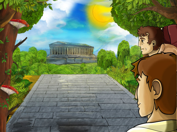 卡通场景与罗马或希腊战士海盗古代人物附近一些古老的建筑，如神庙图片下载