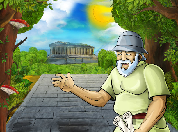 卡通场景与罗马或希腊战士海盗古代人物附近一些古老的建筑，如神庙图片下载