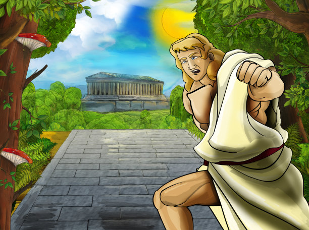 卡通场景与罗马或希腊战士海盗古代人物附近一些古老的建筑，如神庙图片下载