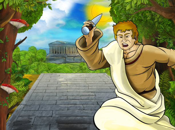 卡通场景与罗马或希腊战士海盗古代人物附近一些古老的建筑，如神庙图片下载