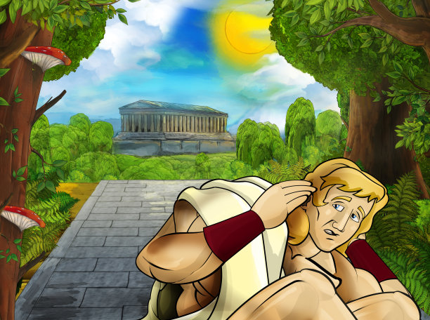 卡通场景与罗马或希腊战士海盗古代人物附近一些古老的建筑，如神庙图片下载